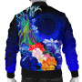 Cook Islands Custom Personalised Bomber Jacket - Humpback Whale with Tropical Flowers (Blue) 2