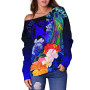 Tonga Custom Personalised Women Off Shoulder Sweater - Humpback Whale with Tropical Flowers (Blue) 2