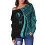 Yap Women Off Shoulder Sweater - Turquoise Polynesian Tentacle Tribal Pattern 2