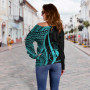 Yap Women Off Shoulder Sweater - Turquoise Polynesian Tentacle Tribal Pattern 3