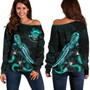 Tuvalu Polynesian Women Off Shoulder Sweater - Turtle With Blooming Hibiscus Turquoise 1