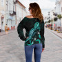 Tuvalu Polynesian Women Off Shoulder Sweater - Turtle With Blooming Hibiscus Turquoise 3