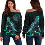 Palau Polynesian Women Off Shoulder Sweater - Turtle With Blooming Hibiscus Turquoise 1