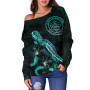 Palau Polynesian Women Off Shoulder Sweater - Turtle With Blooming Hibiscus Turquoise 2