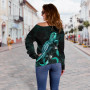 Palau Polynesian Women Off Shoulder Sweater - Turtle With Blooming Hibiscus Turquoise 3