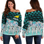 Tokelau Women Off Shoulder Sweaters - Coconut Leaves Weave Pattern Blue 1