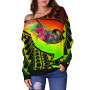 American Samoa Women Off Shoulder Sweater - Polynesian Hook And Hibiscus (Reggae) 3