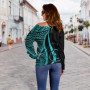 Chuuk Women Off Shoulder Sweater - Turquoise Polynesian Tentacle Tribal Pattern 3