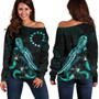 Cook Islands Polynesian Women Off Shoulder Sweater - Turtle With Blooming Hibiscus Turquoise 1