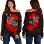 Chuuk Women Off Shoulder Sweater - Polynesian Hook And Hibiscus (Red) 2