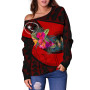 Chuuk Women Off Shoulder Sweater - Polynesian Hook And Hibiscus (Red) 3