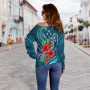 Kosrae Women Off Shoulder Sweater - Blue Pattern With Tropical Flowers 3