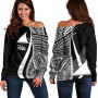 Tokelau Women Off Shoulder Sweater - White Polynesian Tentacle Tribal Pattern 1