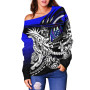 Samoa Women Off Shoulder Sweater - Tribal Jungle Pattern Blue Color 2