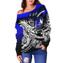 Yap Women Off Shoulder Sweaters - Tribal Jungle Pattern Blue Color 2