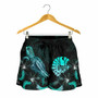 Tahiti Polynesian Women Shorts - Turtle With Blooming Hibiscus Turquoise 2