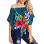 Palau Off Shoulder Wrap Waist Top - Blue Pattern With Tropical Flowers  1