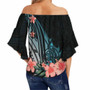 Vanuatu Custom Personalised Off Shoulder Wrap Waist Top - Turquoise Polynesian Hibiscus Pattern Style  2