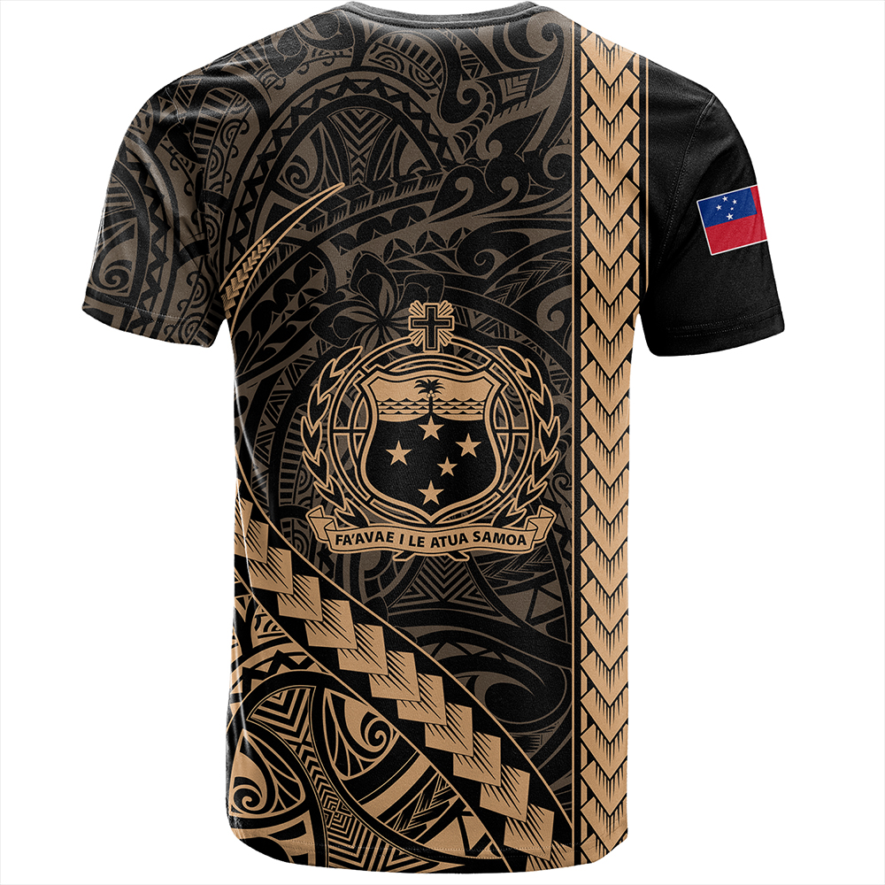 Samoa T-Shirt - Samoa Coat Of Arms With Polynesian Tribal Pattern Gold