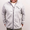 Polyester sweater fleece jacket with full-length storm flap.