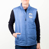 Custom embroidered puffer vest with 100% polyester shell, left chest design, and water-repellent finish