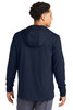 back of the model wearing Sport-Tek® Circuit Hooded Full-Zip in navy