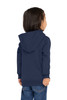 model back view of toddler hooded sweatshirt with cozy fleece fabric and easy, no drawcord hood design.