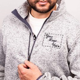 Custom embroidered sweater fleece jacket with left chest design.