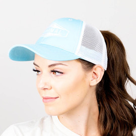 Custom embroidered ponytail hat with a concealed ponytail opening and breathable sweatband.