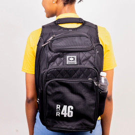 Custom embroidered OGIO pack with ultra-padded air mesh back panel and ventilation channels.