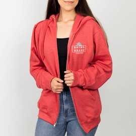 Custom embroidered full-zip hooded sweatshirt with front pockets.