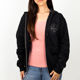 Custom full-zip hooded sweatshirt with rhinestone design options for front or back decoration