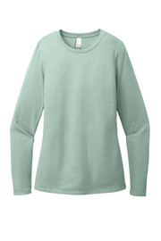 Front view of women’s long sleeve tee in soft cotton/poly blend with rib knit neck and side seams.