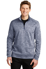model wearing a blue Sport-Tek® PosiCharge® Electric Heather Fleece 1/4-Zip Pullover