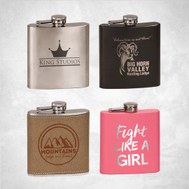  oz stainless steel flasks shown in all available colors including Matte Pink, Matte Black, Leatherette, and Stainless Steel