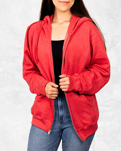 Red fullzip hooded sweatshirt
