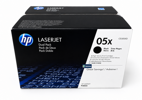 Original HP 05X (Dual Pack) Black High-Yield LaserJet Toner Cartridges (CE505XD)