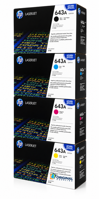 Original HP 643A LaserJet Toner Set (Q5950A, Q5951A, Q5952A, Q5953A) - Black, Cyan, Magenta, Yellow