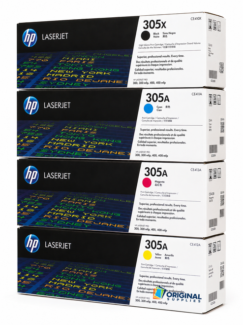 Original HP 305X 305A LaserJet Toner Set (CE410X, CE411A, CE412A, CE413A) - Black, Cyan, Magenta, Yellow