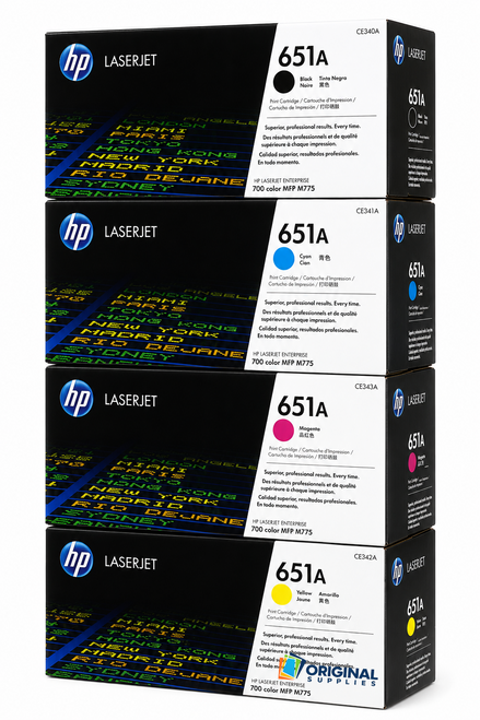 Original HP 651A LaserJet Toner Set (CE340A, CE341A, CE342A, CE343A) - Black, Cyan, Magenta, Yellow