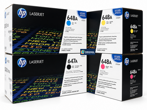 Original HP 647A 648A LaserJet Toner Set (CE260A, CE261A, CE262A, CE263A) - Black, Cyan, Magenta, Yellow