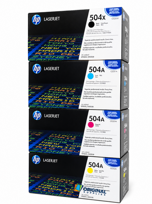 Original HP 504X 504A LaserJet Toner Set (CE250X, CE251A, CE252A, CE253A) - Black, Cyan, Magenta, Yellow