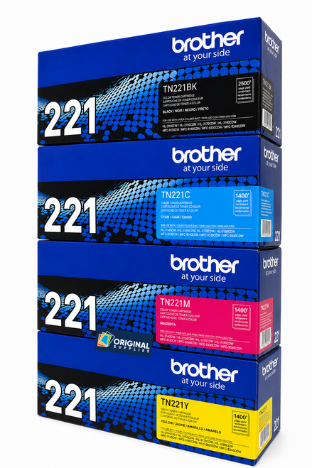 Original Brother TN-221 Laser Toner Set (TN221BK, TN221C, TN221M, TN221Y) - Black, Cyan, Magenta, Yellow