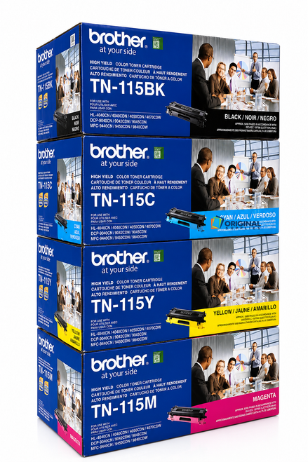 Original Brother TN-115 Laser Toner Set (TN115BK, TN115C, TN115M, TN115Y) - Black, Cyan, Magenta, Yellow