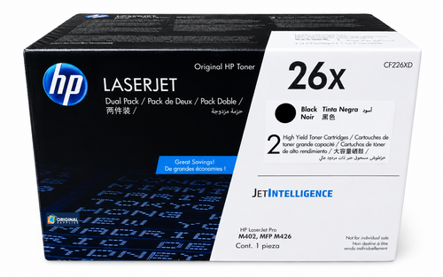 Original HP 26X (Dual Pack) Black High-Yield LaserJet Toner Cartridges (CF226XD)
