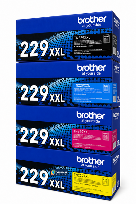 Original Brother TN229XXL Super High-Yield Laser Toner Set (TN229XXLBK, TN229XXLC, TN229XXLM, TN229XXLY) - Black, Cyan, Magenta, Yellow