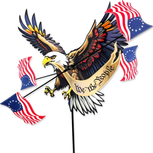 This patriotic eagle carries a banner reading: We the People and has U.S. flags rotating around it.