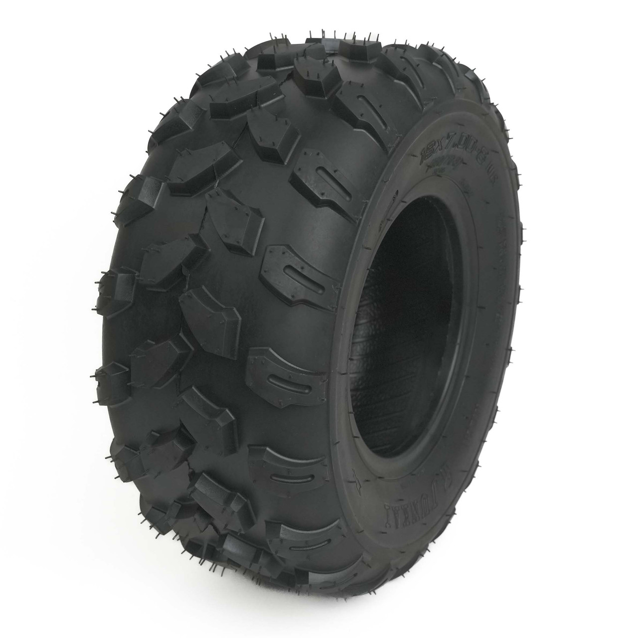 18x7-8 Off-Road Tire, Cheetah 8 (7020078080G000) Front view of tire, tire upright and off-set 18x7-8 Off-Road Tire, Cheetah 8