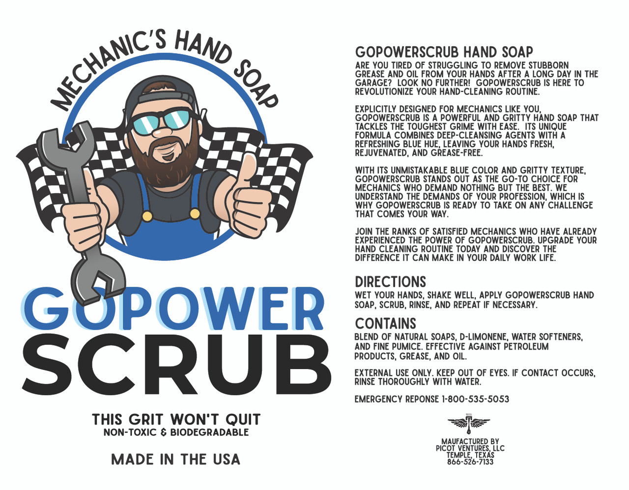 GoPowerScrub Mechanics Hand Soap (SCRUB) Label