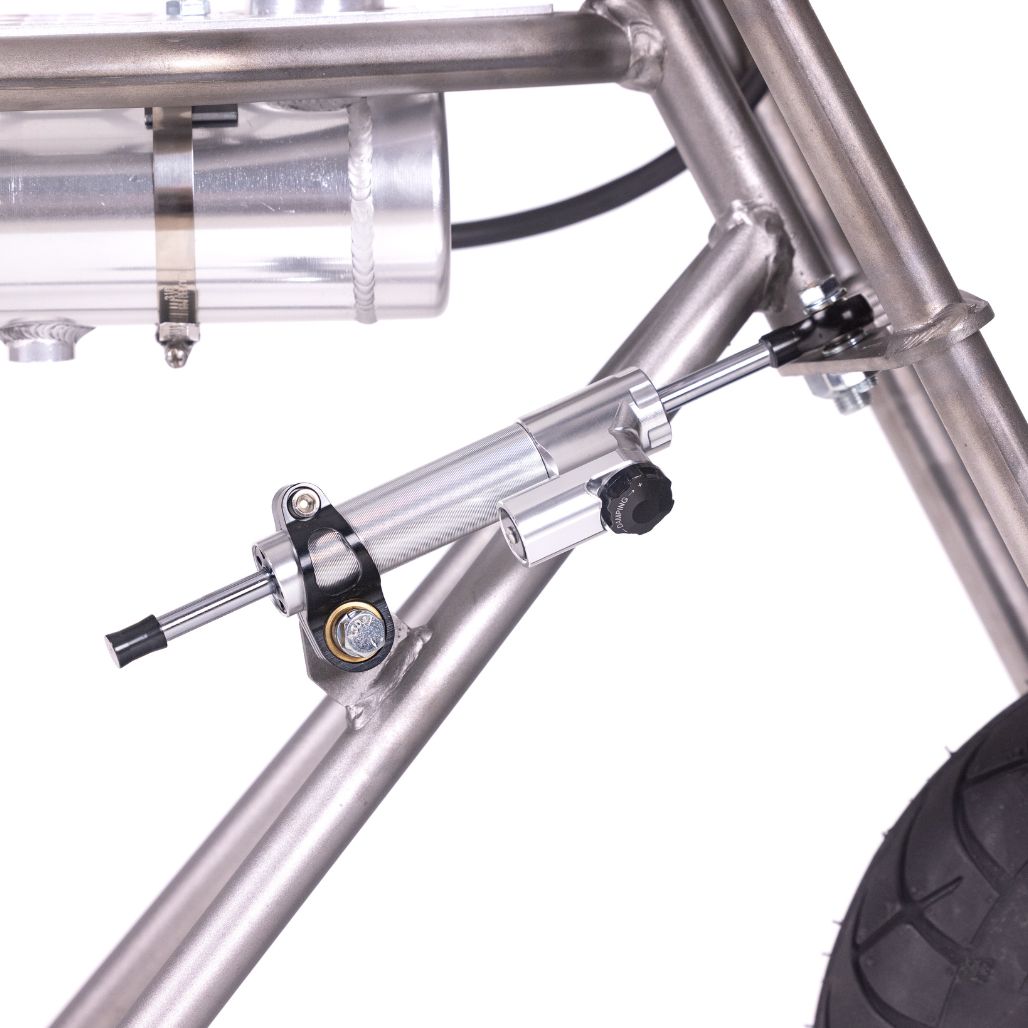 Minibike Steering Damper Stabilizer (MBSTAB) on a Rascal GT Mini Bike Frame